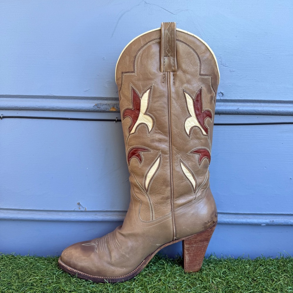 Vtg 80s Dan Post Leather Western Flower Cowboy Boots Womens 7 M Inlay Block Heel - Picture 7 of 11
